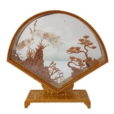 Vtg Asian Cork Shadow Box Diorama Sculpture Peacock Hand Carved Gold Tone Frame