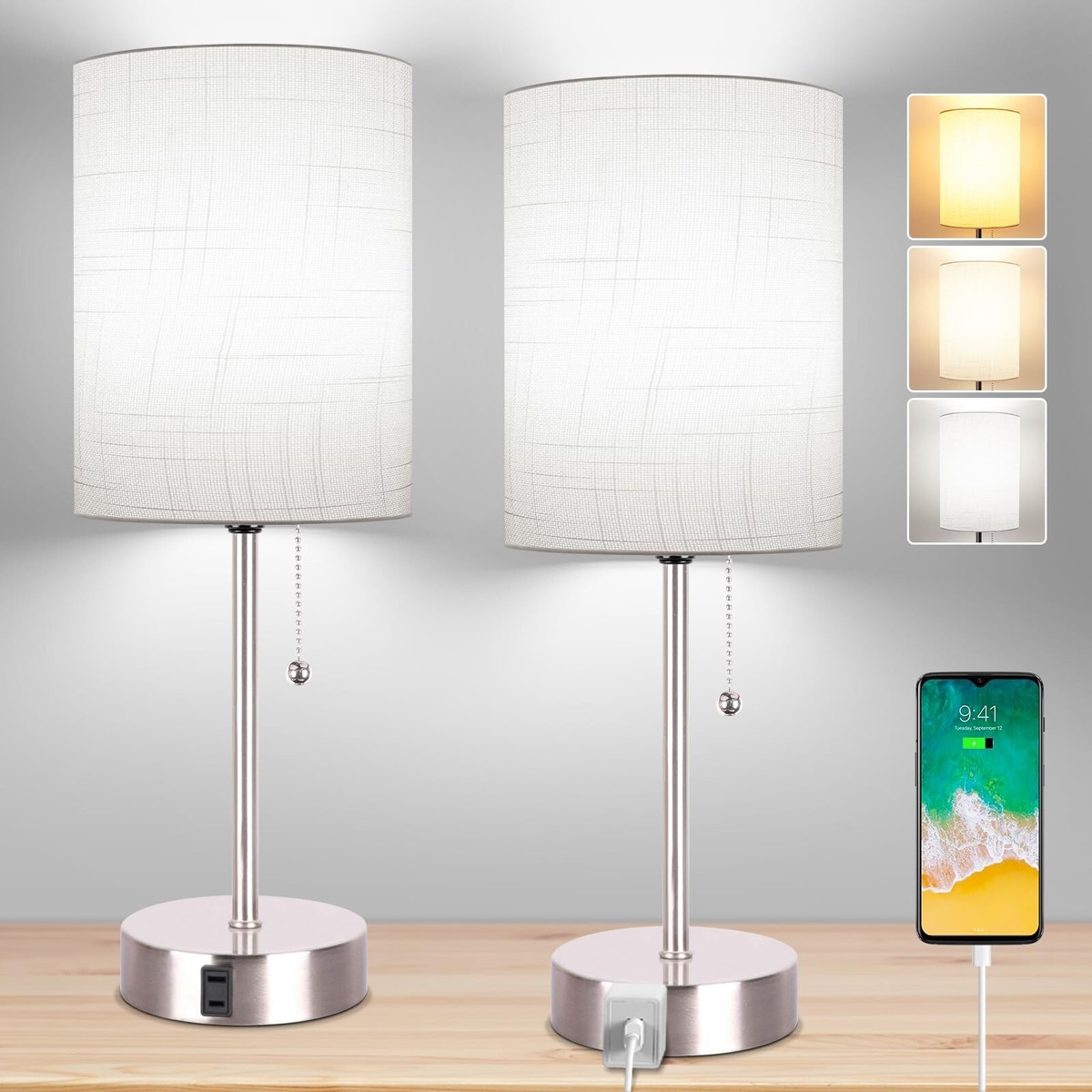 Dott Arts Table Lamps Set Of 2 - USB Bedside Lamps With Outlets & 3 Color Temperatures