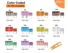 250Pcs Car Fuses Mini Size Blade-Type Fuses Replacement Fuses Assortment Kit