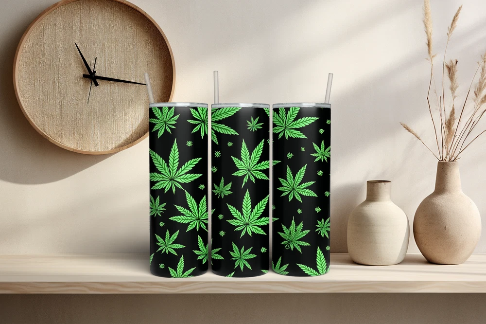 Tumbler Skinny 20oz  w/ Lid & Straw  Weed Leaf Cannabis Marijuana 420