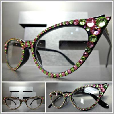 Women's CAT EYE Style READING EYE GLASSES READERS Pink & Green Crystals Handmade