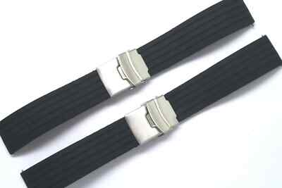 2Pcs 22mm Black Rubber Replacement Watch Band Silver Deployment Clasp Buckle