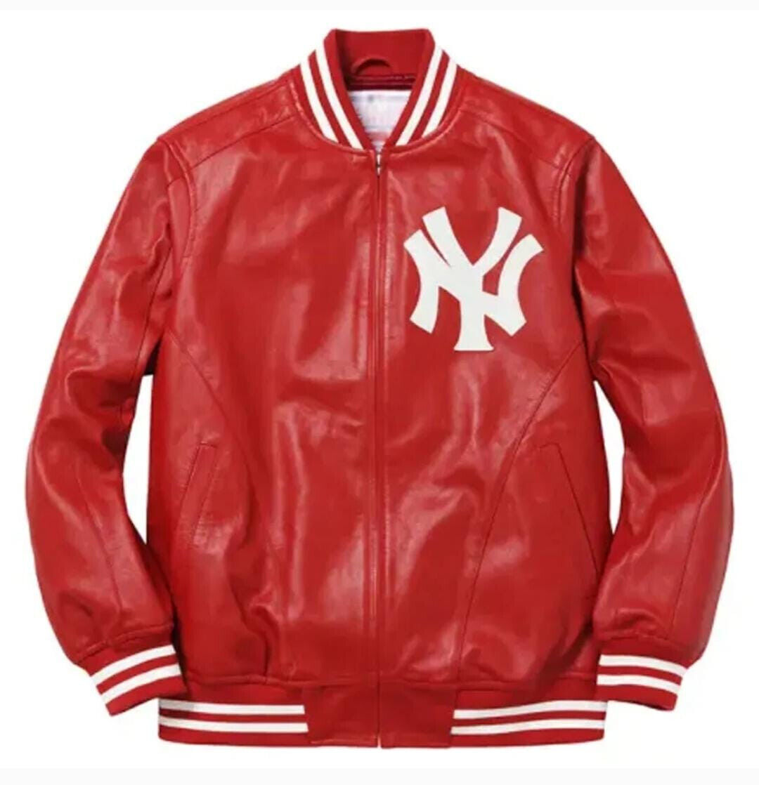 Supreme NY Yankees Varsity Leather Jacket with Embroided Supreme NY Yankees Varsity Leather Jacket with Embroided