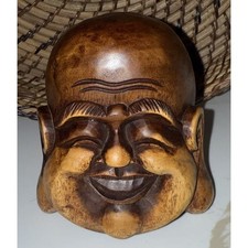 Solid Hardwood Hand Carved Laughing Smiling Buddha Decor 5x5 Inches