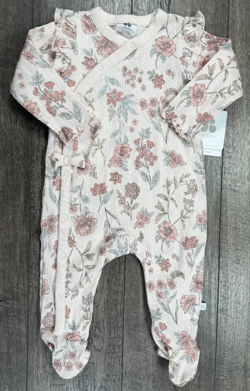 Baby Girl Clothes New Just Born 3-6 Month Pink Floral Ruffle Footed Outfit.