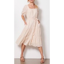 Evereve Carly Blush Cotton Tiered Midi Dress Puff Sleeve Cottage Size Large NWT