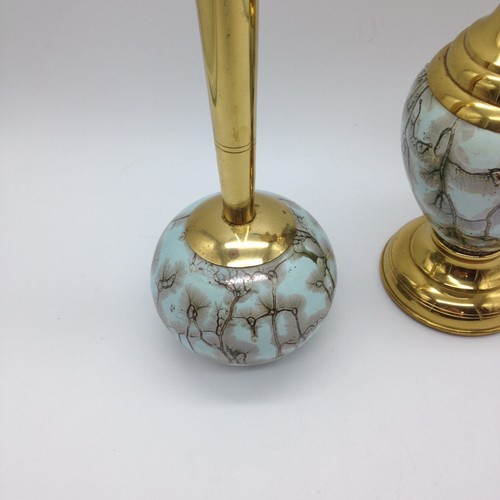 VINTAGE Delft Holland Hand Painted Shiny Brass & Blue Marbled Pitcher Bud Vases - Picture 3 of 10