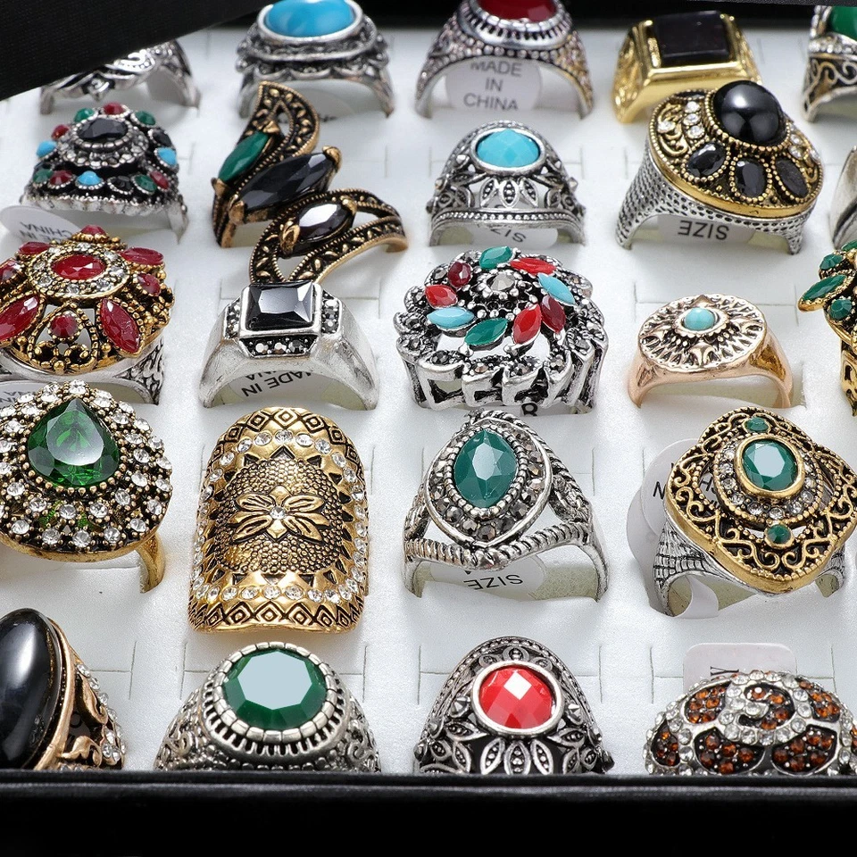 Venta al por mayor Lote de 50 piezas Anillo Joyería Metal Estilo Mezcla Piedra Cristal Vintage Hombres Mujeres Foto 3 de 4