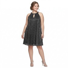 Nine West Womens XXL Black Silver Metallic Shimmer Halter Keyhole Shift Dress