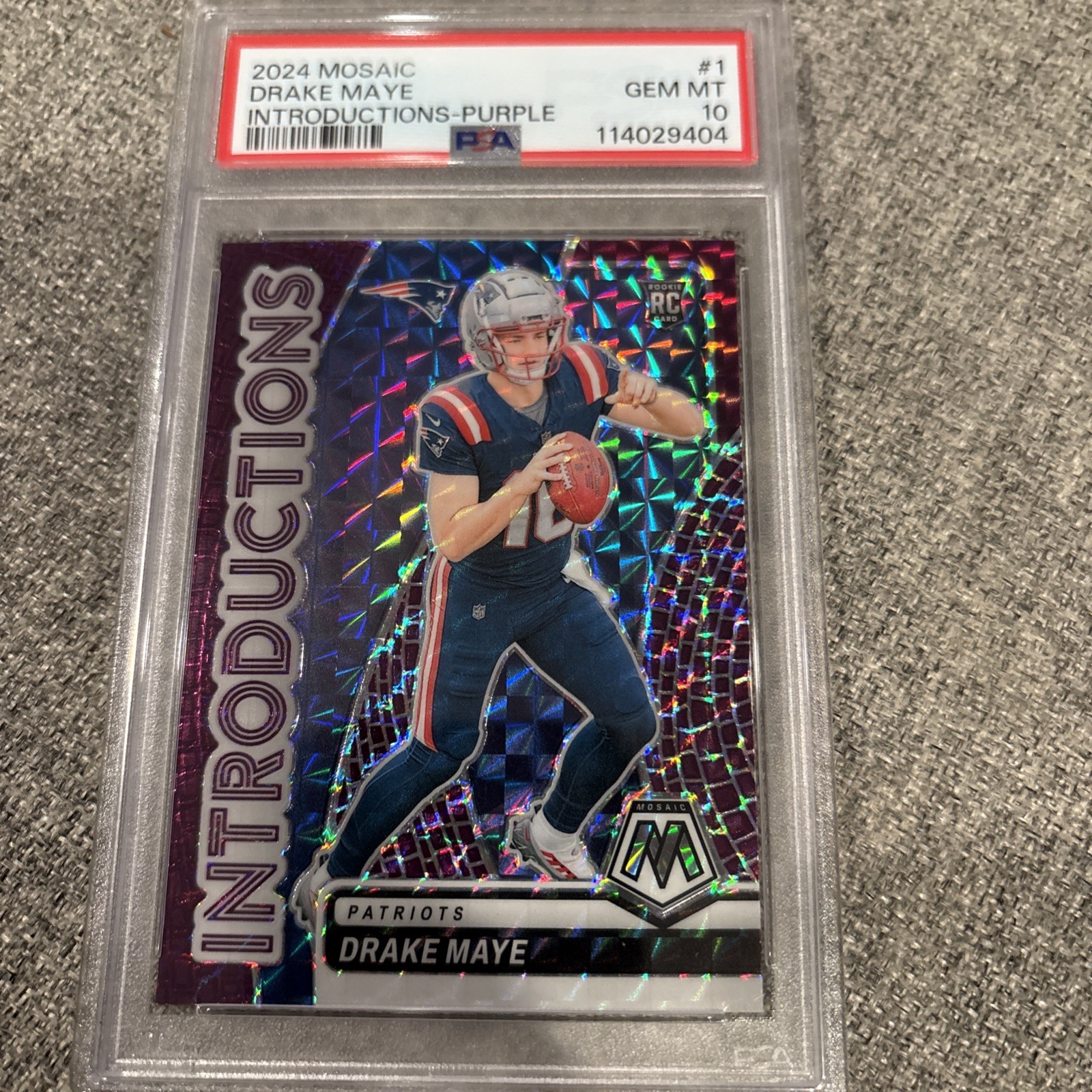 2024 Panini Mosaic Introductions Drake Maye Purple Mosaic Prizm /49 (RC) PSA 10