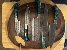 Hammer Forged Damascus Steel Chef Knives Set Knife Set 5 pcs With Leather Roll