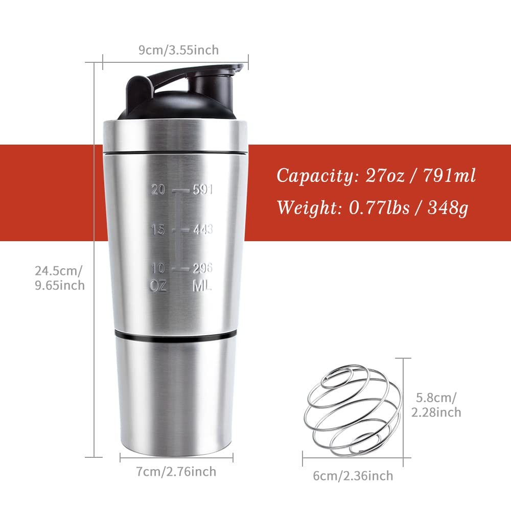 27oz Stainless Steel Protein Shaker Bottle with Wire Whisk BPA Free Leak