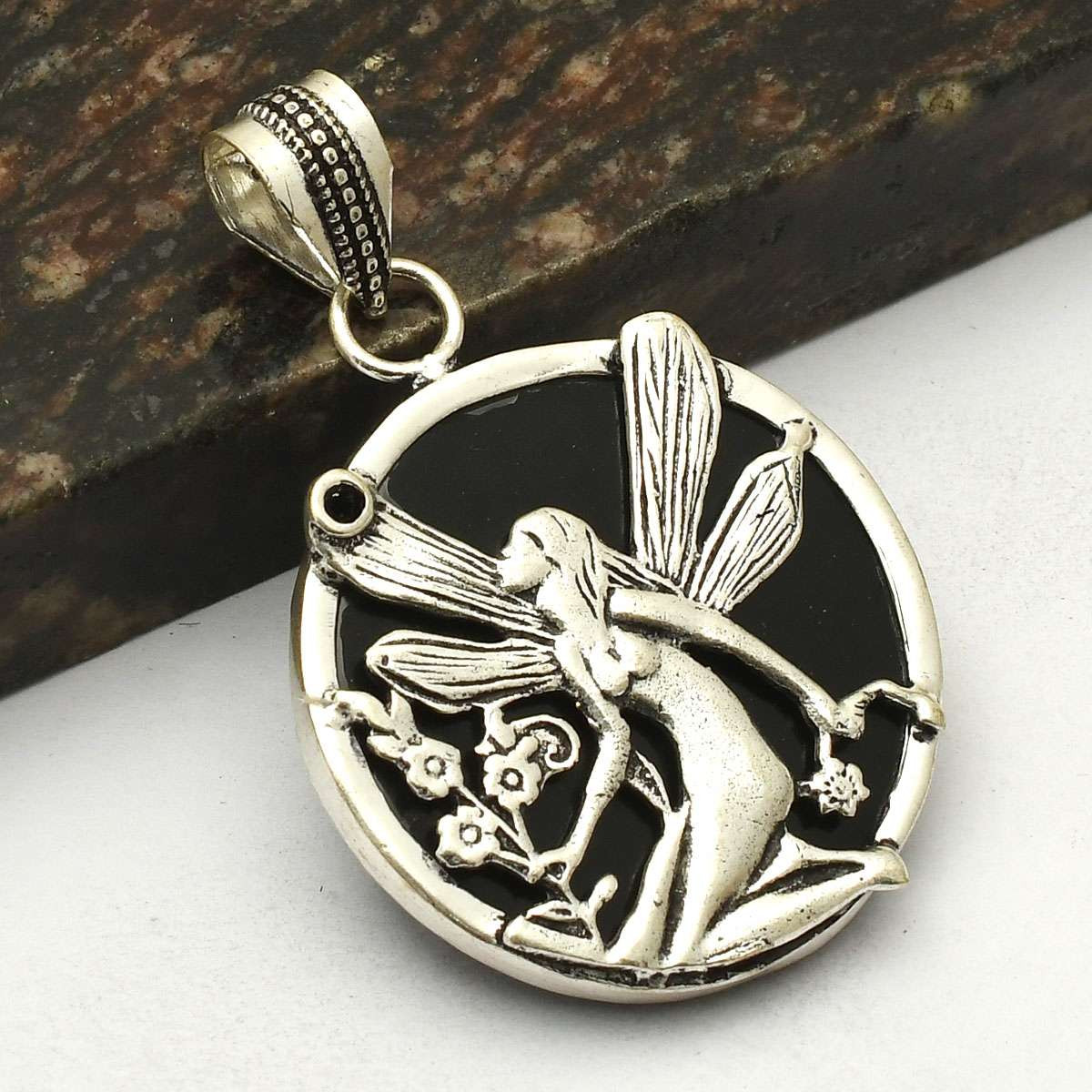Handmade Black Onyx Gemstone Fairy Pendant Jewelry Gift for Her