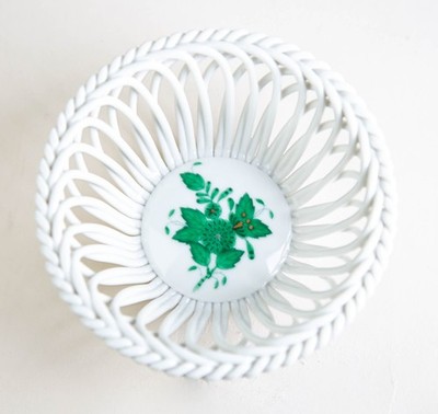Herend Chinese Bouquet Green 4'' Open Weave Basket Bowl #7372 Vintage Hungary