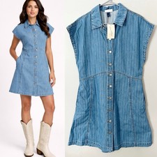 NWT Denim Button Shirt Dress Medium Pockets Western Chic Coastal Cowgirl Cottage