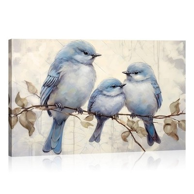 Birds Canvas Wall Art Blue Birds Family Painting Sparrow on Tree Branches Pic...