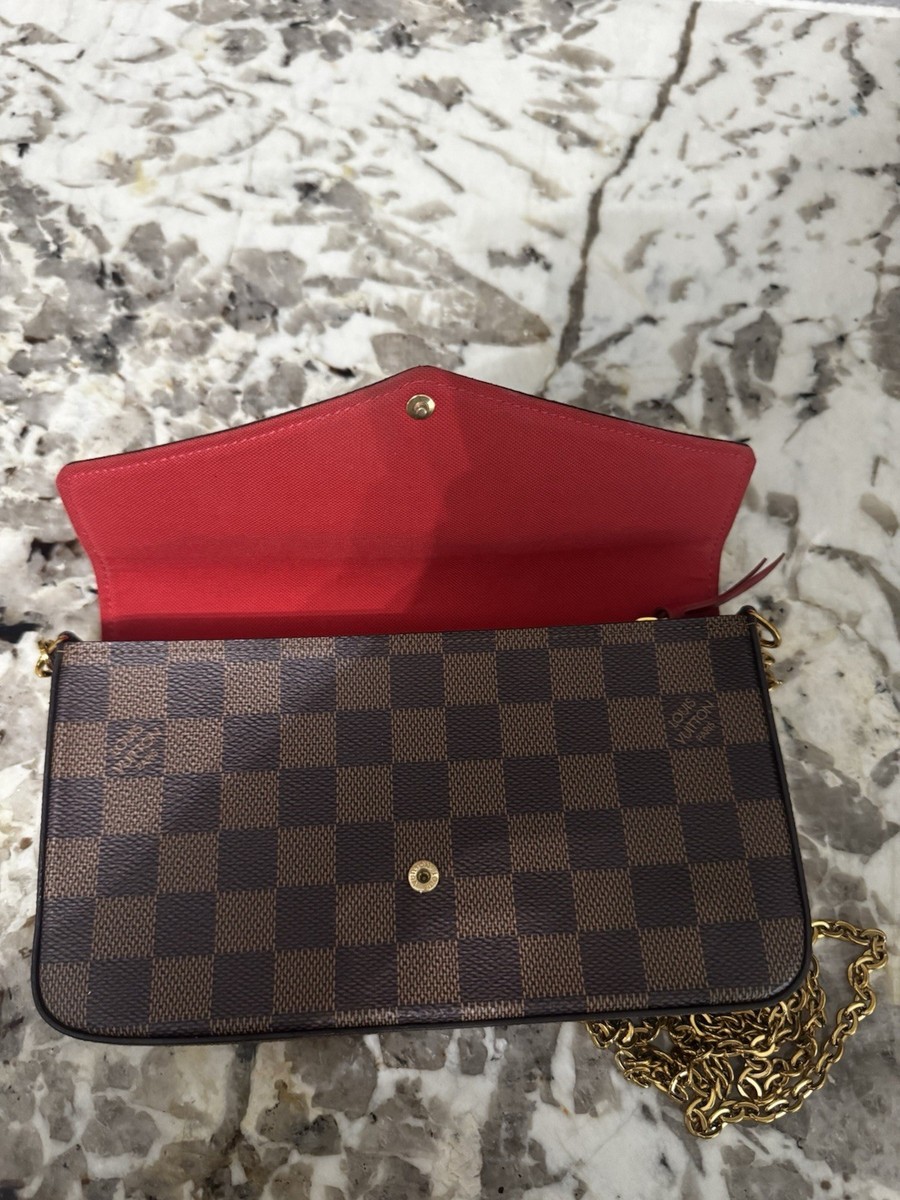 Louis Vuitton Damier Ebene Crossbody Bag Gold Chain Red Interior