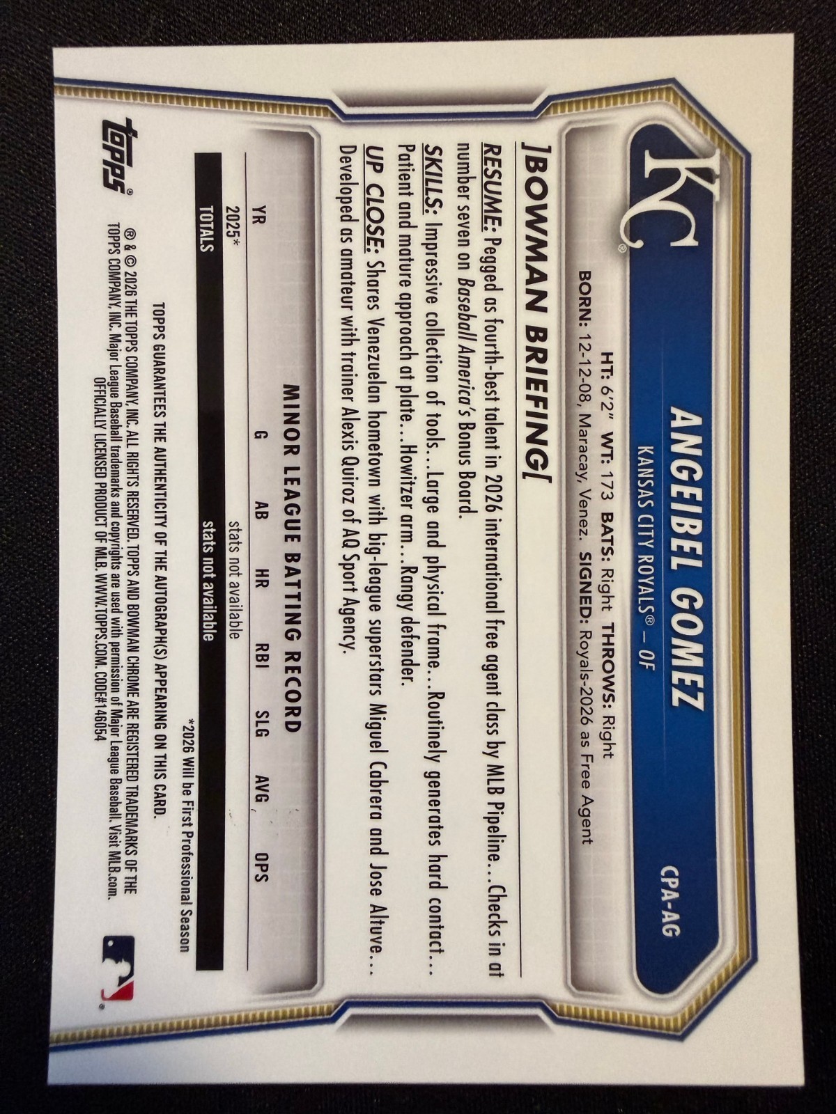 🔥2026 bowman chrome - Angeibel Gomez  Blue Mojo Refractor Auto /150 #CPA-AG⚾ view 2