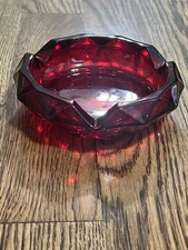 Vintage MCM Viking Glass Ruby Red 6" Diamond Cut Point 3 Slot Cigar Ashtray Glow