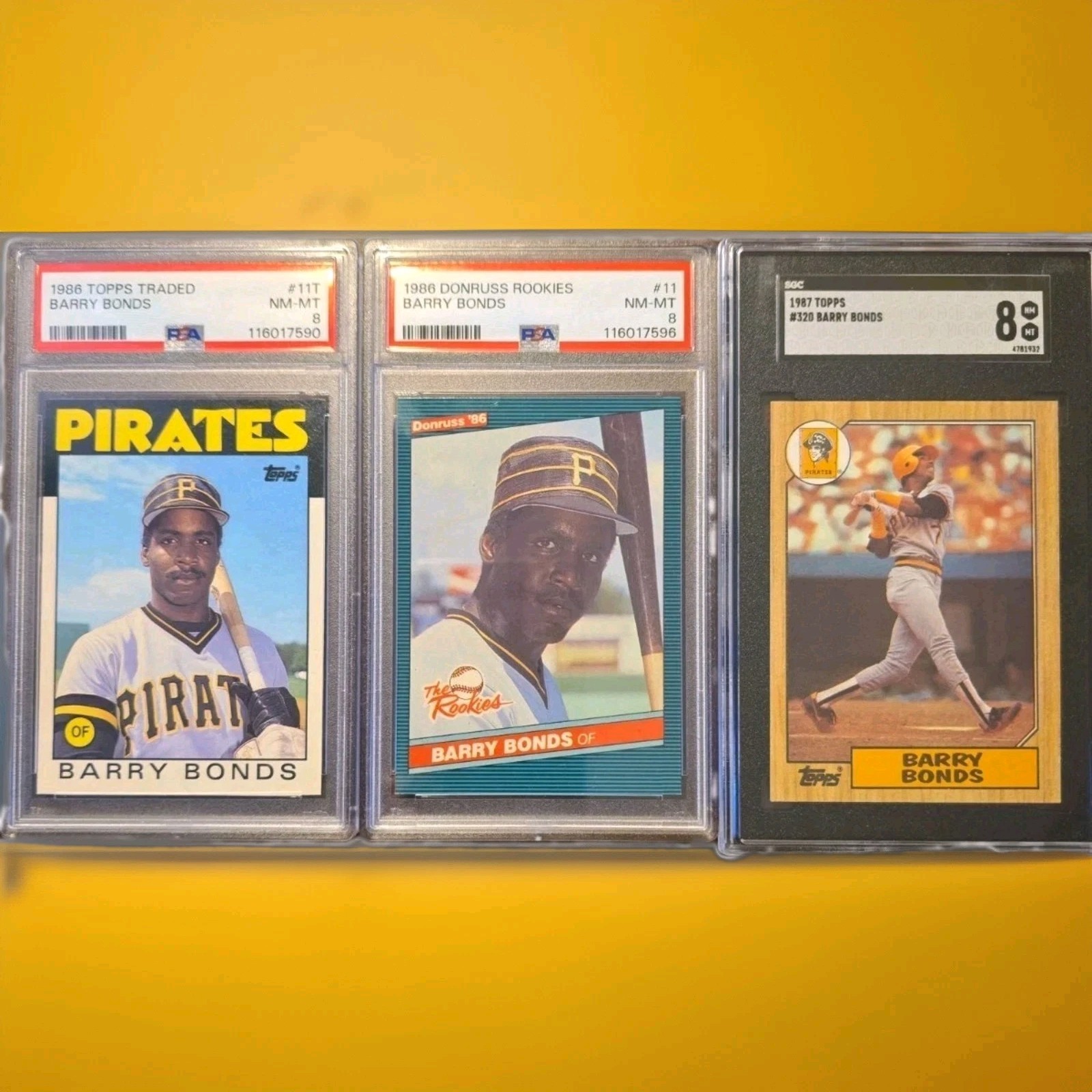 Barry Bonds (RC) PSA 8 Trio 1986 Donruss The Rookies , Topps Traded , 87 Topps
