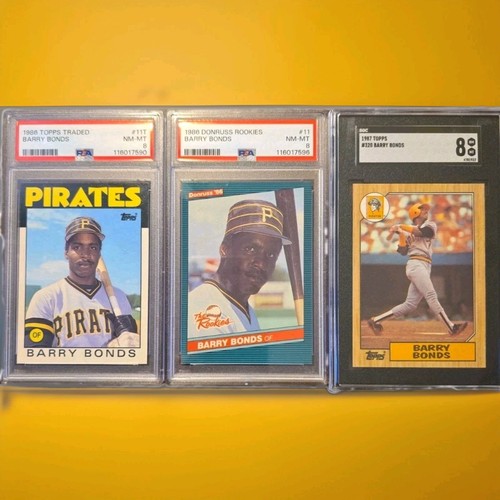Barry Bonds (RC) PSA 8 Trio 1986 Donruss The Rookies , Topps Traded , 87 Topps