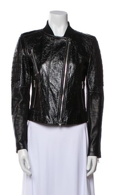 Theory Shezi Lamb Leather Moto Jacket Black Patent Crackled Zip M
