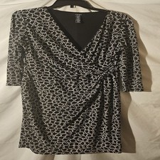 Chaps Womens Dress XLarge Black White Chain Print Long Sleeves V-Neck Faux Wrap