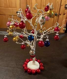 Vtg/MCM Featherlite Ornaments on White Christmas Table Top Tree 14"