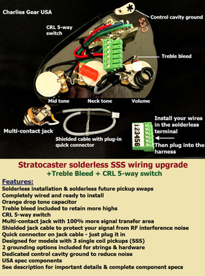 Strat Solderless SSS Wiring Upgrade +Treb Bleed /CRL 5-way/Shielded Jack Cable