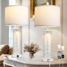 28" White Print Glass Table Lamp Set of 2 with Night Light, Modern Bedside Lamps