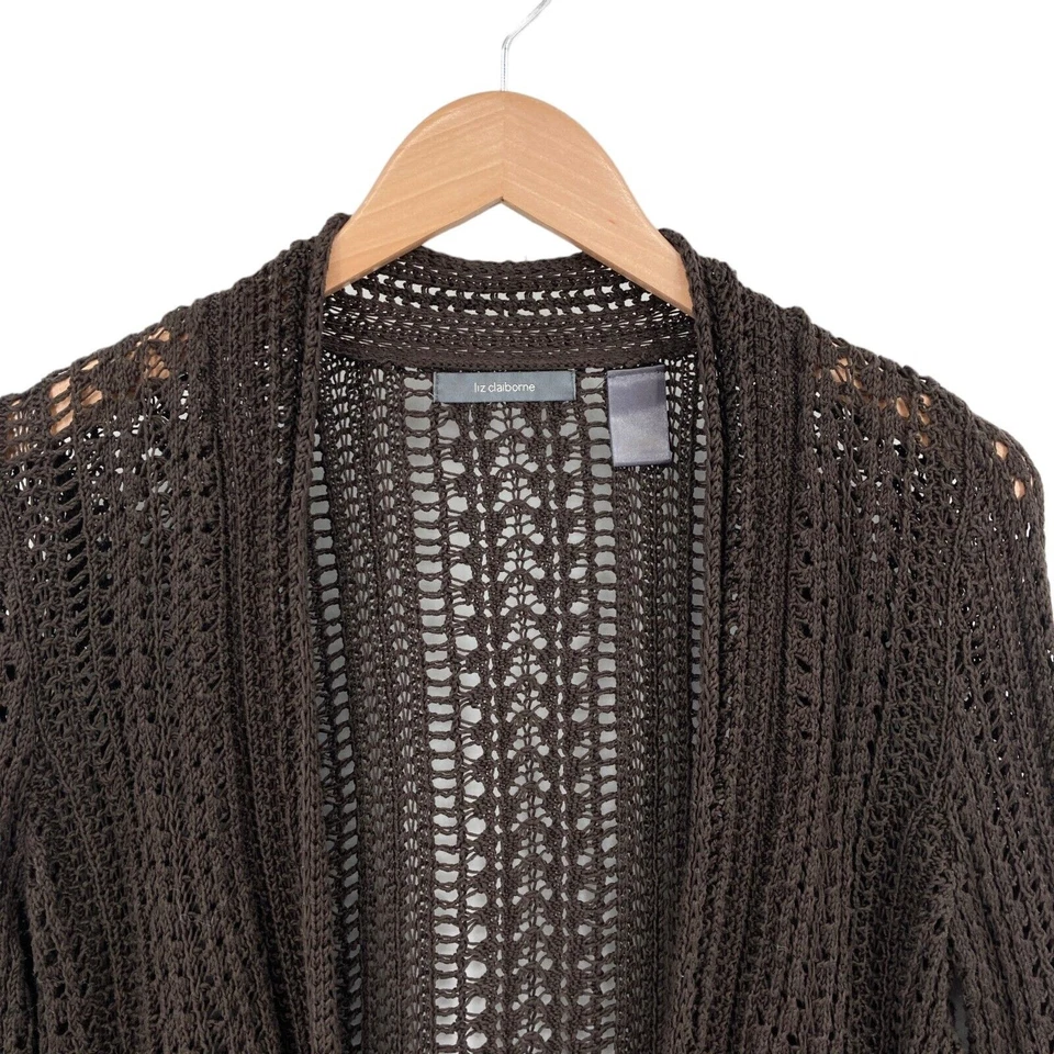 Cárdigan suéter Liz Claiborne para mujer mediano marrón tejido manga larga frente abierto Foto 4 de 4