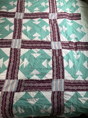 Antique Quilt Top Hand Stitched 74" x 70" Pullman Railroad Historic Nine Patch