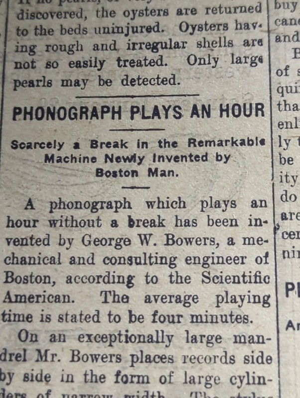 FEB 1921 NEWSPAPER PAGE #2762- CHARLES BOWERS PHONOGRAPH PLAYS FOR ONE HOUR