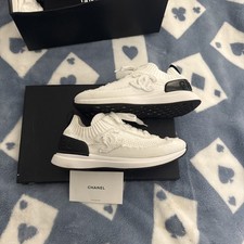 Chanel Knit Sneaker LTD Edition Size 37.5 Black White Logo Lace Up