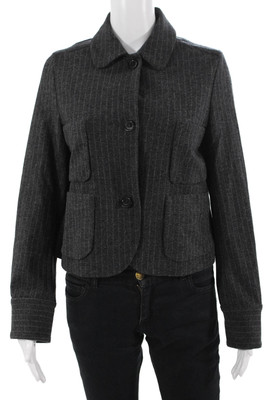 Odeeh Womens Dark Gray Striped Wool Blend Collared Button Jacket Size 34