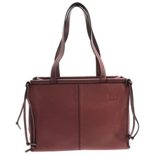LOEWE Cushion Tote Leather Bordeaux Anagram Tote HandBag Used From Japan