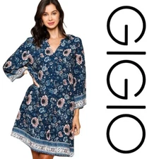 S GIGIO by UMGEE NAVY Floral Border Print V-NECK Dress/Tunic BHCS