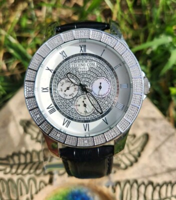Techno Com by KC Black/Silver 46mm Men's Watch Mother of Pearl NEW BATTERY BAND!