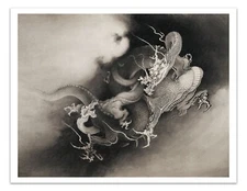 TWO DRAGONS IN THE CLOUDS 1885 Vintage Japanese Illustration Unframed- Art Print