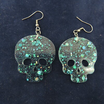 SKULL Dangle Earrings Turquoise Blue Aqua Chunky Glitter Halloween Goth Witchy