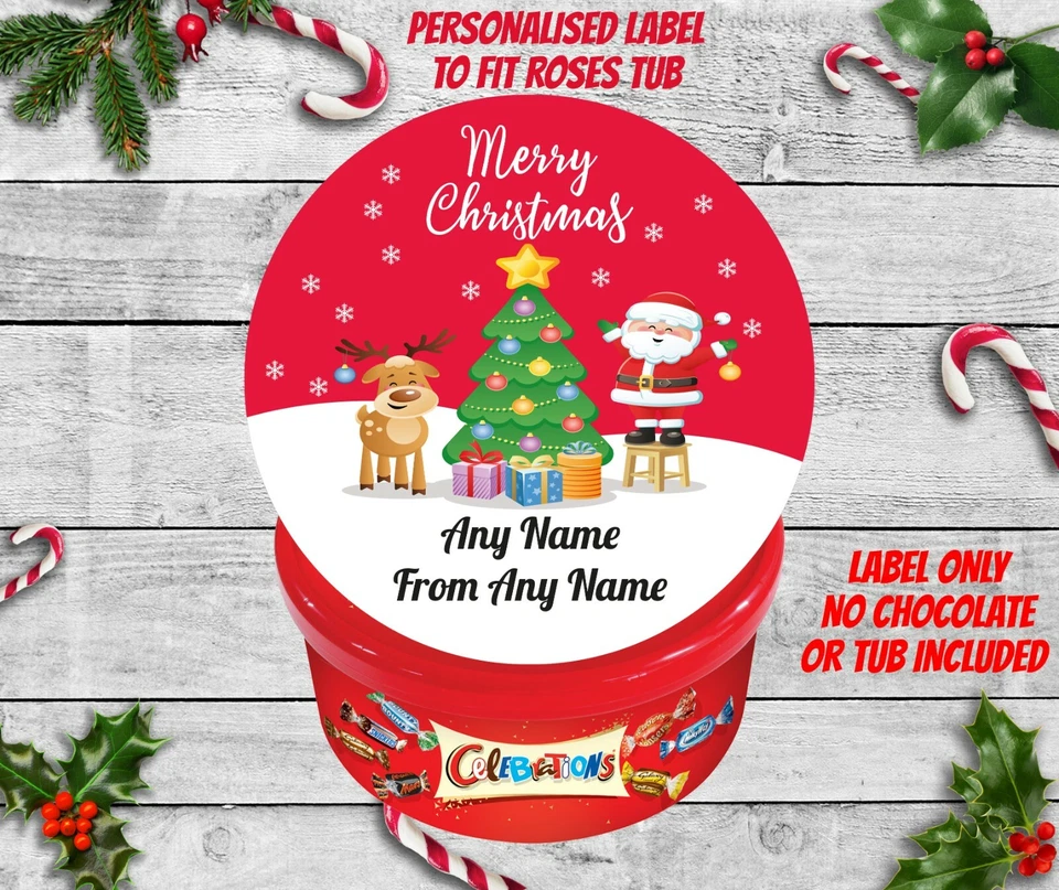 MAKE IT SWEET Personalised Christmas Chocolate Tub Label Sticker for CELEBRATIONS Pre Cut