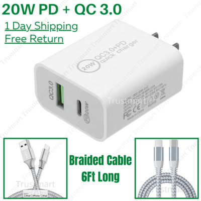 For iPhone 13 12 11 Pro 20W PD QC 3.0 Fast Charger Power Adapter 6ft USB-C Cable