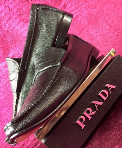 925 Mens Black Metallic Prada Loafers Sz 10.5 UK / 1… Gem