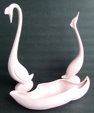 Mid Century Modern MCM 3 Piece Console Pink California Pottery Pair Birds & Bowl