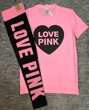 Victoria's Secret Pink Campus SS Tee Shirt  Leggings Set Rose Pink Heart L NWT