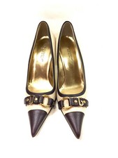 DOLCE & GABBANA Beige Canvas Brown Leather Trim Pointed-Toe Heel Pumps Sz39.5