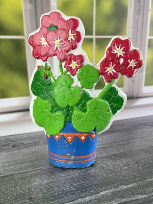 Vintage Cast Metal Flower Door Stop~Retro Mod Pink Flower Orange