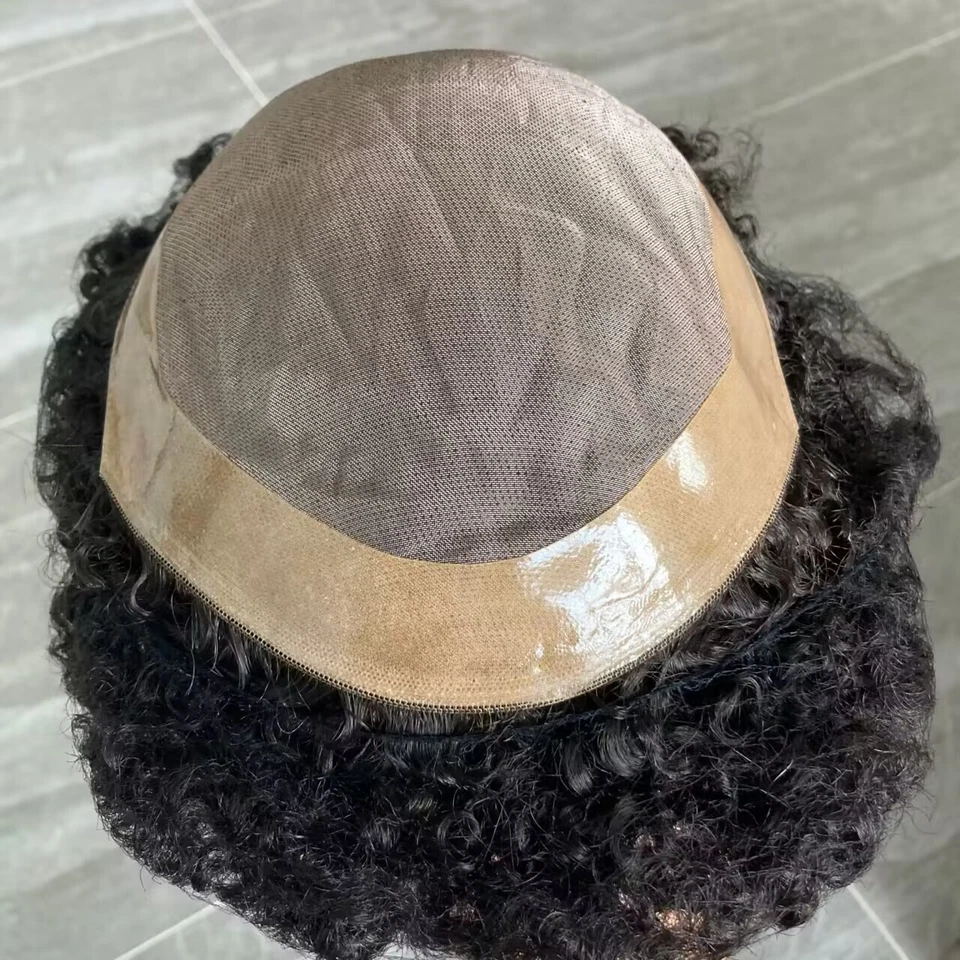 Peluca de repuesto de cabello negro toupee cabello humano rizado mono base encaje 15 mm Foto 2 de 4