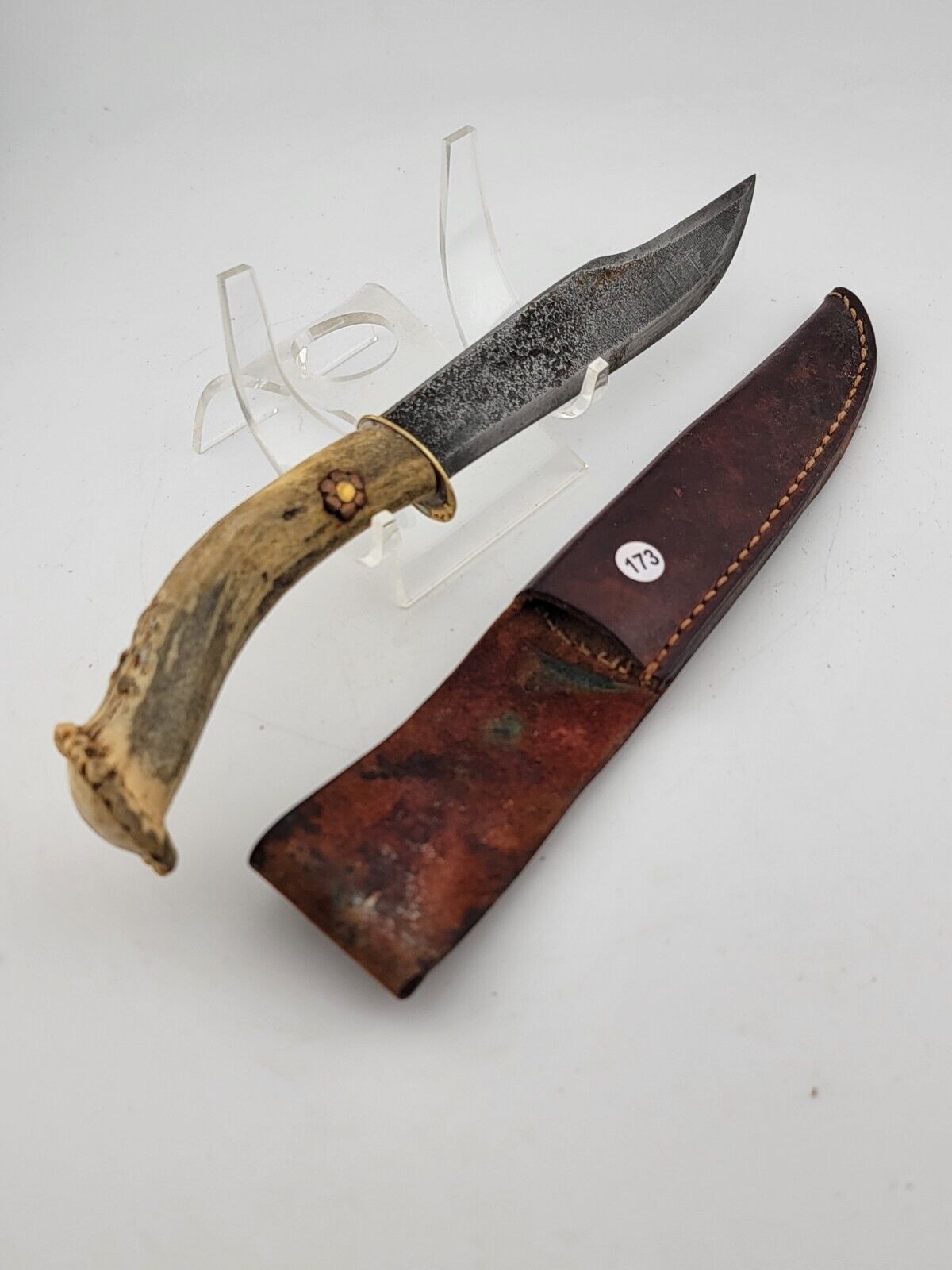 Vintage Deer Antler Double Edge Hunting Stag Knife W Leather Sheath Very Sharp. 