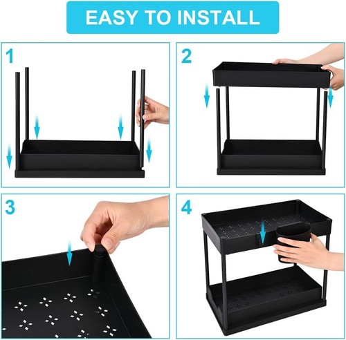 2X Under Sink Storage Organiser Shelf Spice Rack Pull Out Drawer Kitchen 2 Tier - Picture 2 of 16
